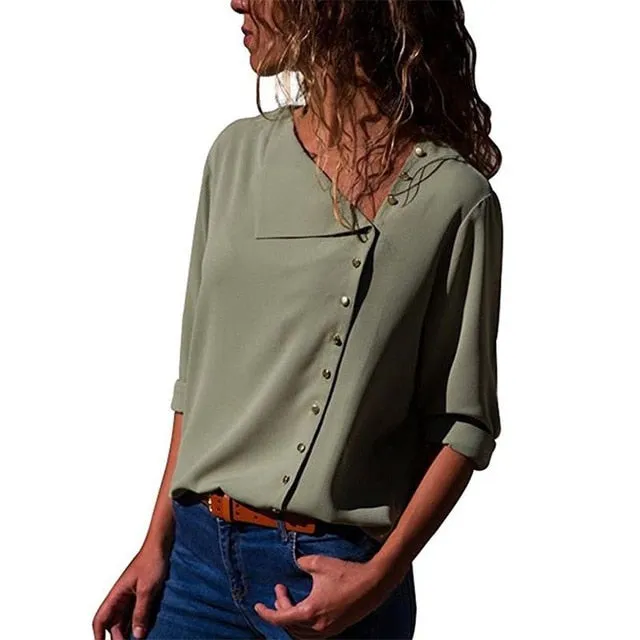 2021 Women's  Long Sleeve Skew Collar  Blouse Sizes S - 3XL