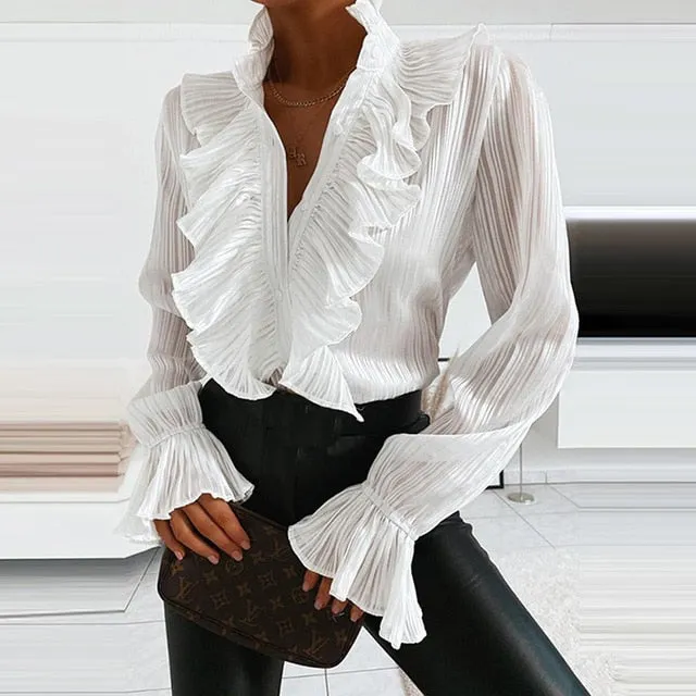 2021 Women's Long Sleeve V-Neck Ruffle Blouse Size 3XL