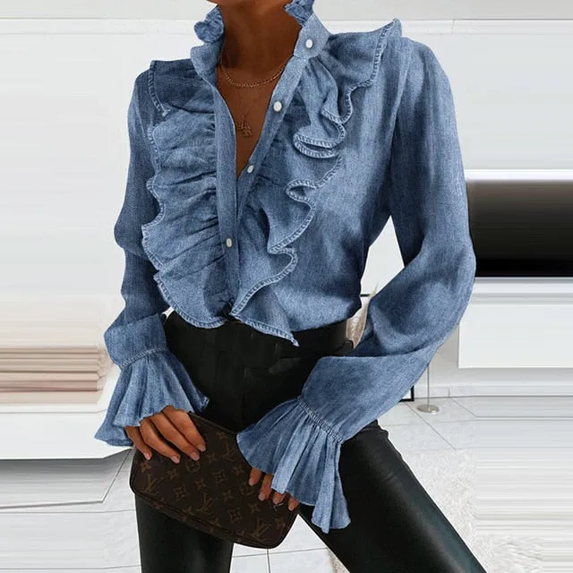 2021 Women's Long Sleeve V-Neck Ruffle Blouse Size 3XL