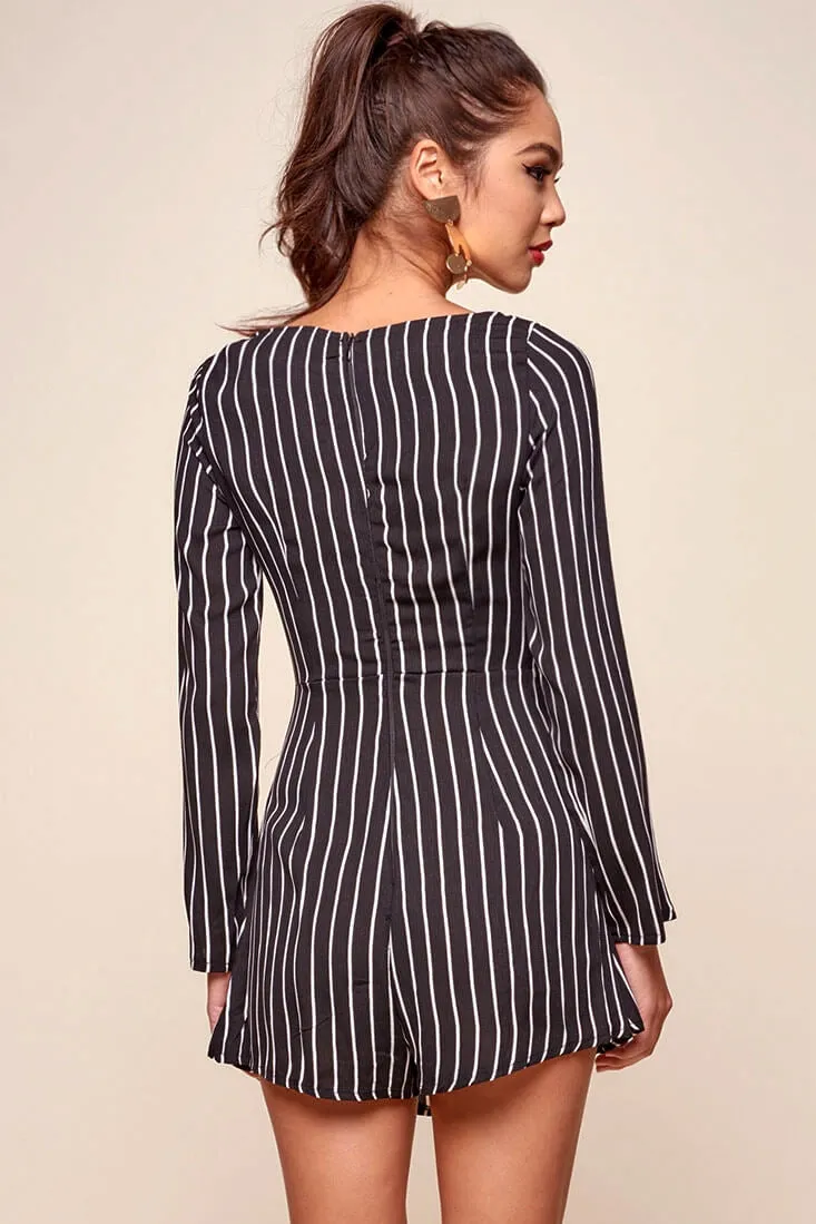 Abbey Waist Tie Pinstripe Romper Black & White