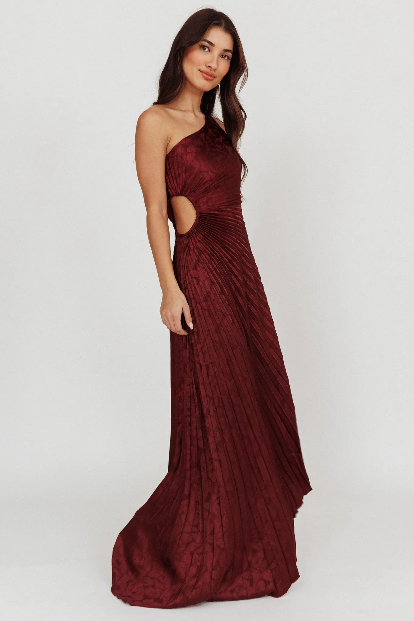 Amelie One-Shoulder Accordion Pleat Maxi Dress Merlot