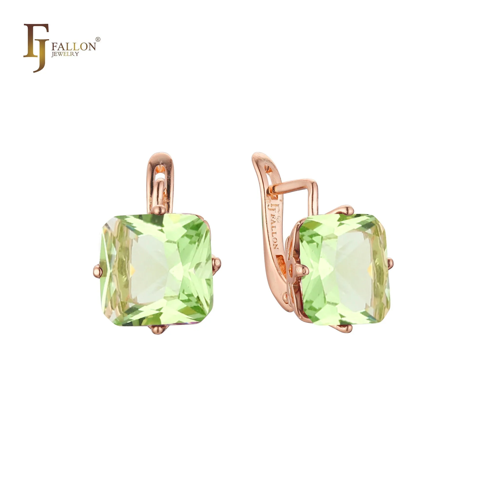 .Ashlee's Treasure - Big Solitaire emerald cut colorful cz 14K Gold, Rose Gold earrings