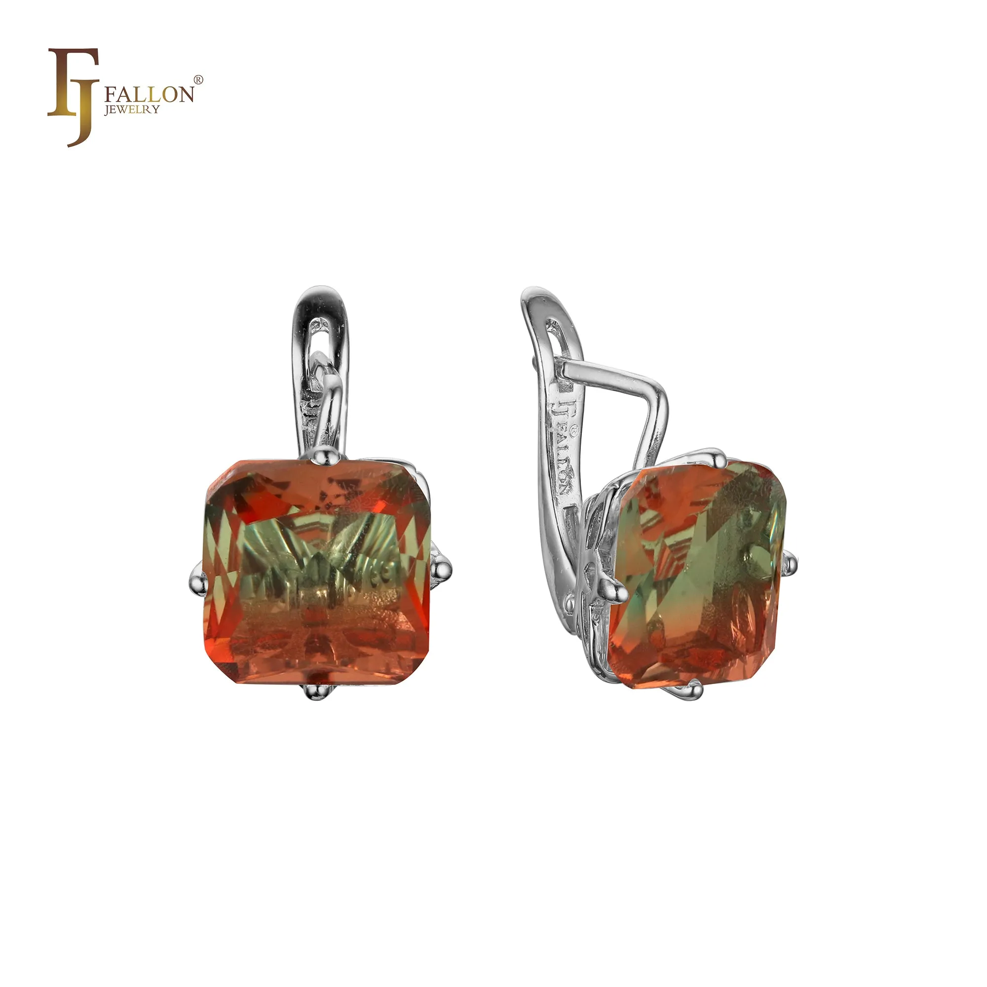 .Ashlee's Treasure - Big Solitaire emerald cut colorful cz 14K Gold, Rose Gold earrings