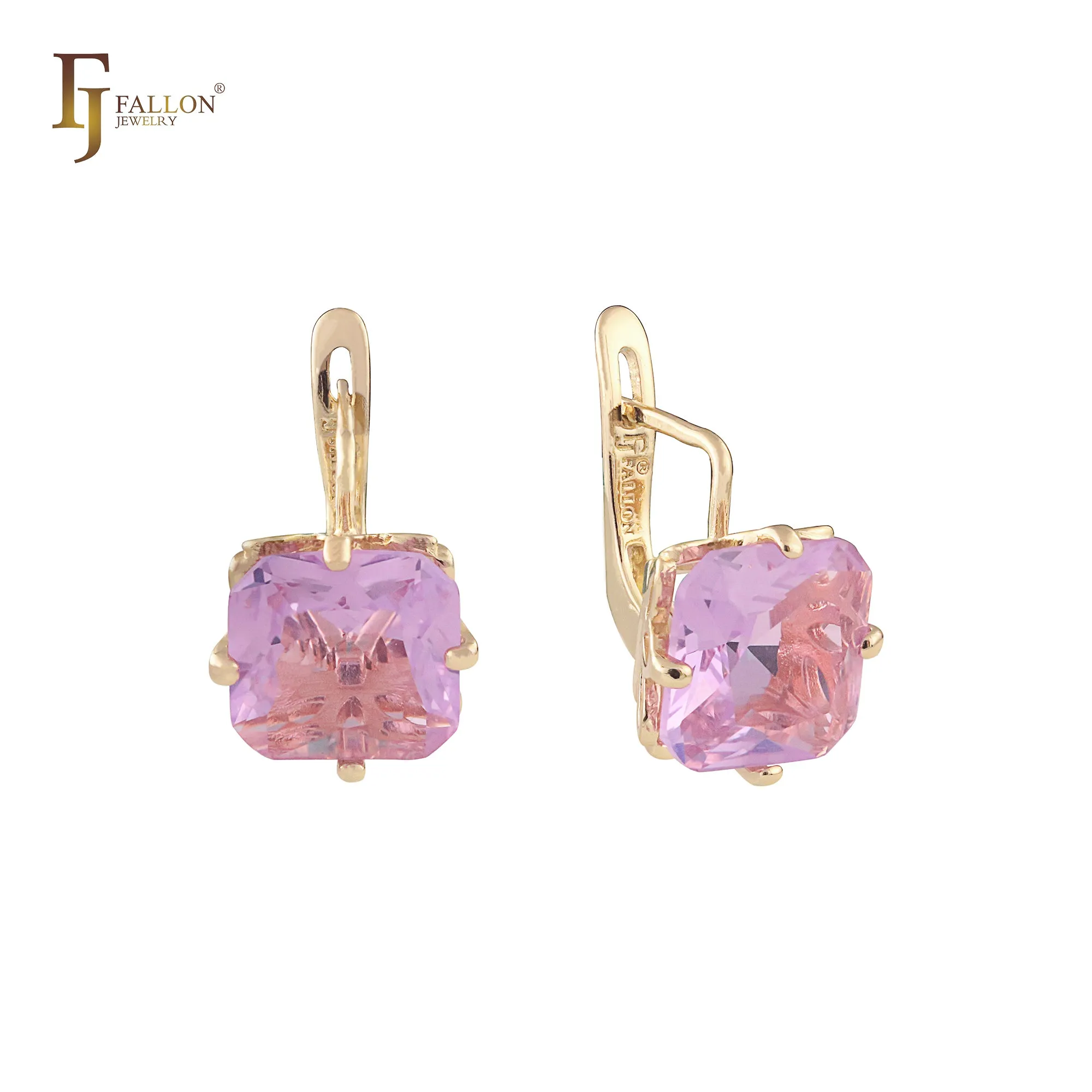 .Ashlee's Treasure - Big Solitaire emerald cut colorful cz 14K Gold, Rose Gold earrings