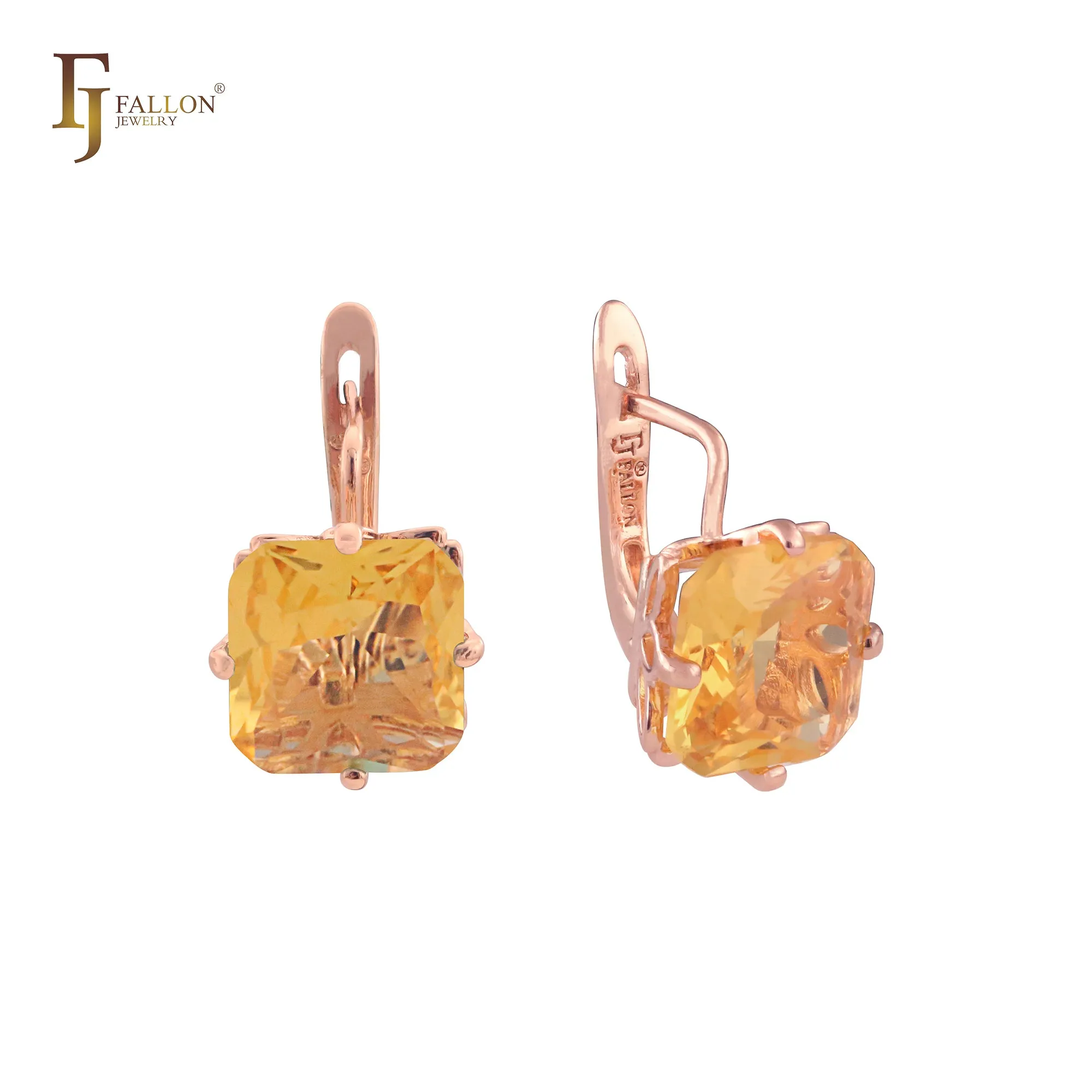 .Ashlee's Treasure - Big Solitaire emerald cut colorful cz 14K Gold, Rose Gold earrings