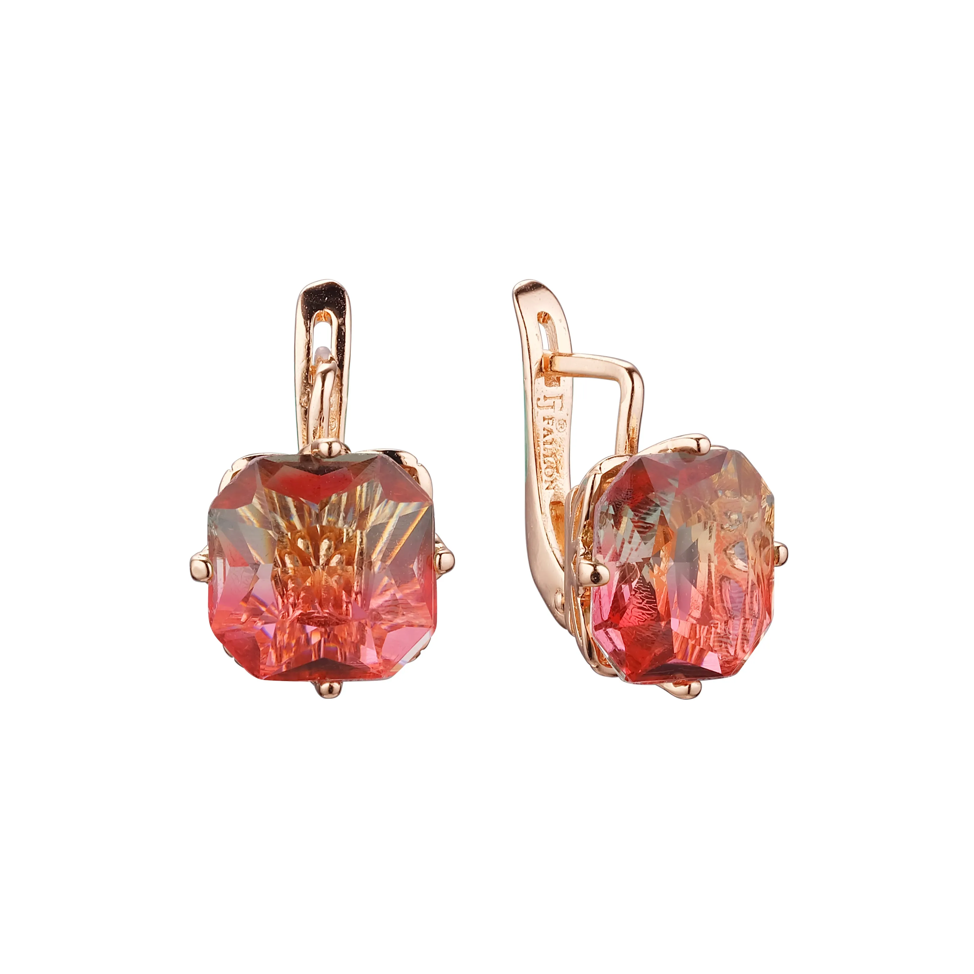 .Ashlee's Treasure - Big Solitaire emerald cut colorful cz 14K Gold, Rose Gold earrings