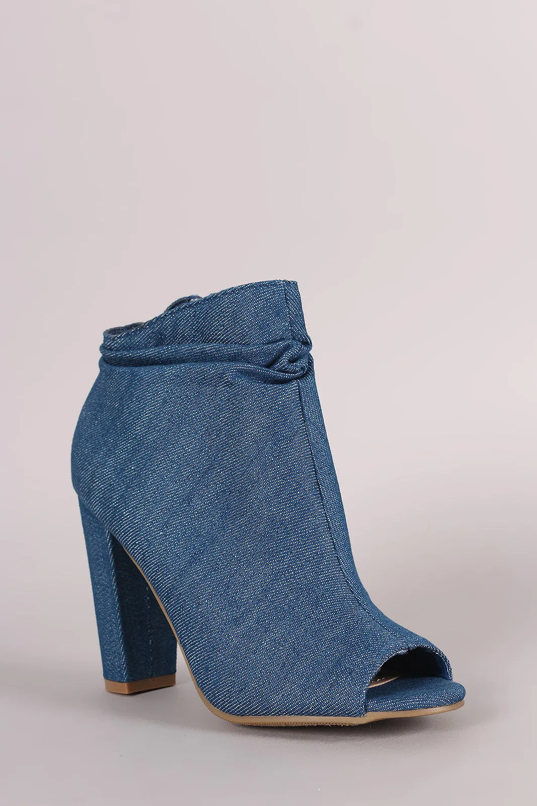 Bamboo Denim Slouchy Peep Toe Chunky Heeled Ankle Boots