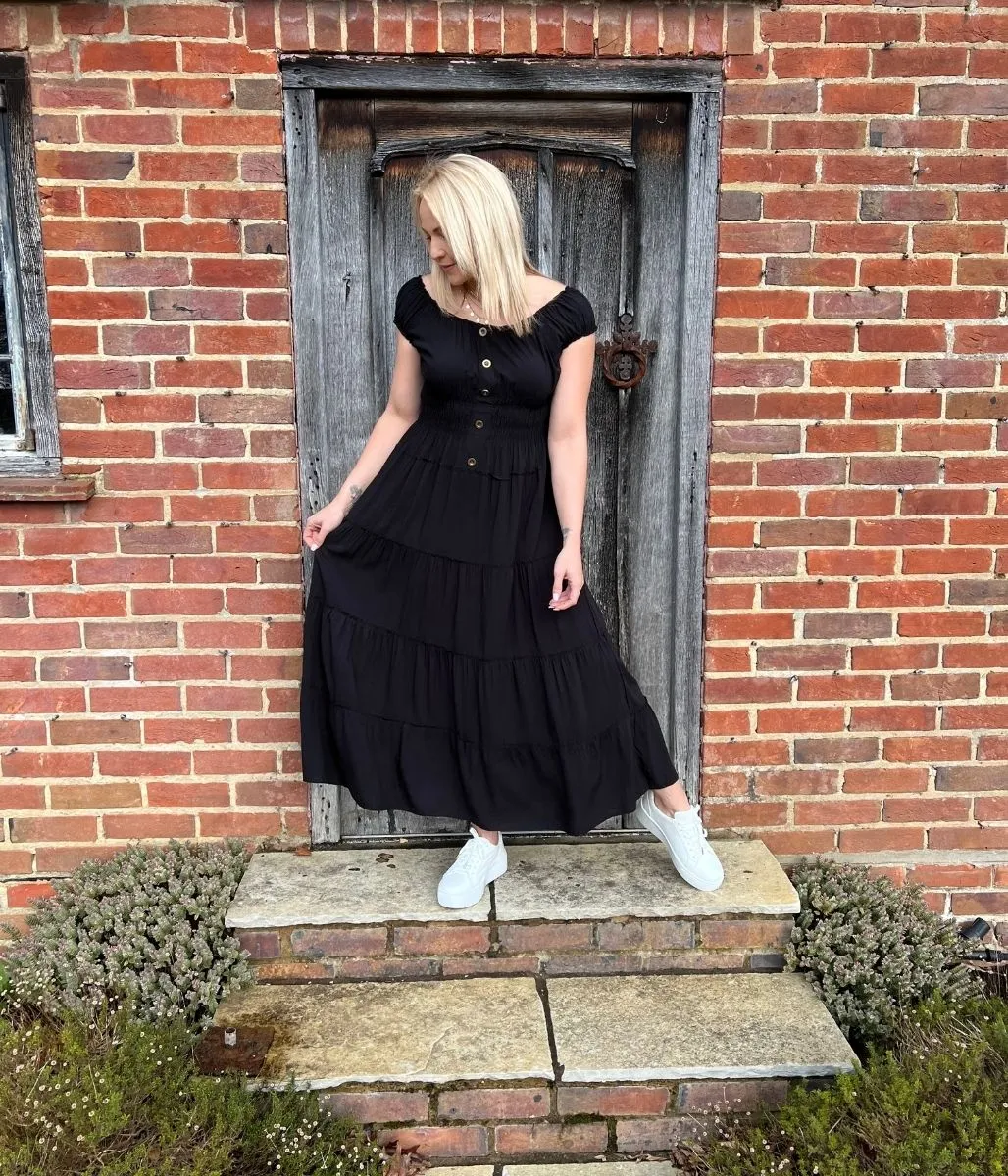 Black Tiered Shirred Midi Dress