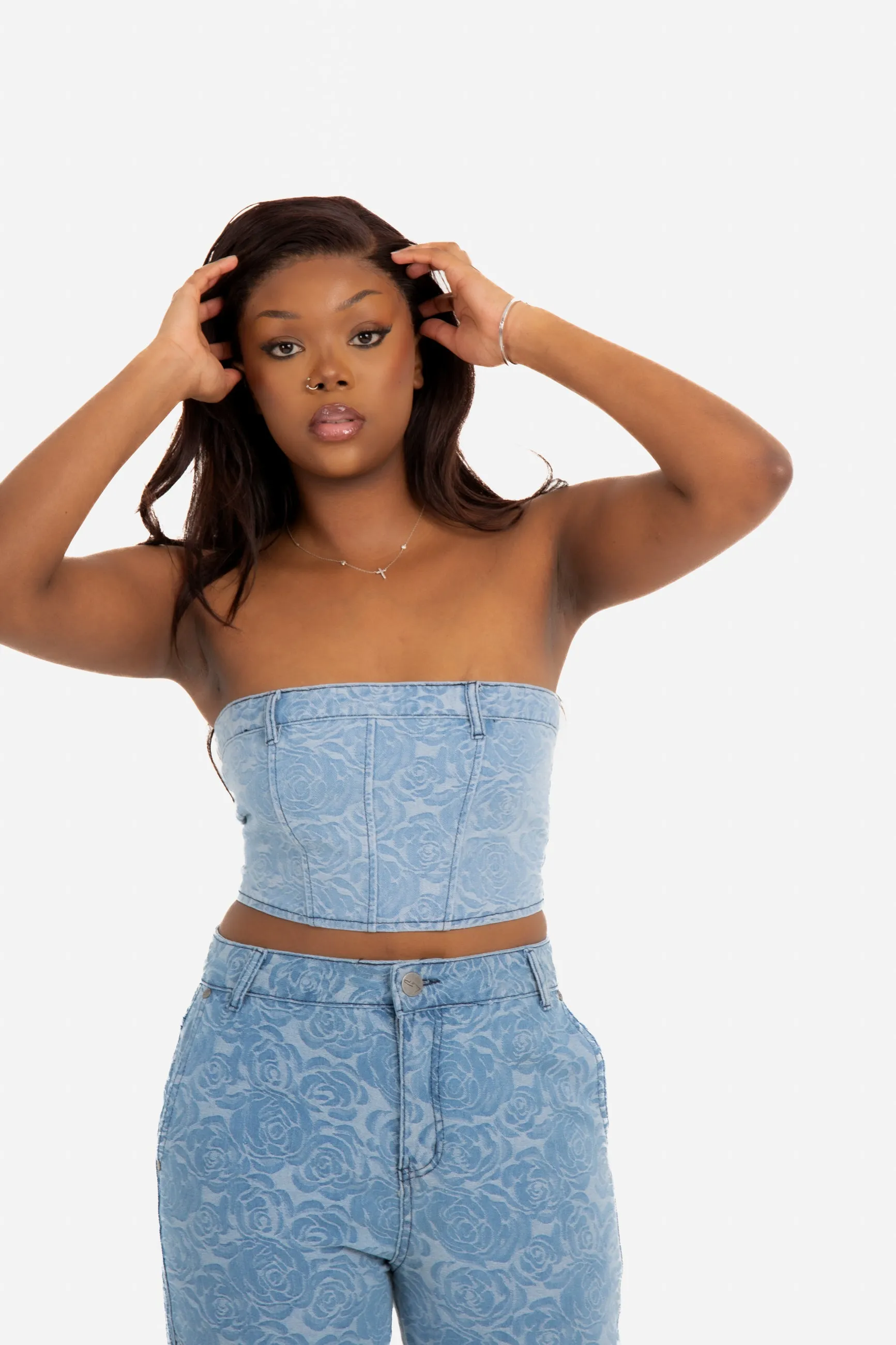 Blue Denim Floral Jacquard Bandeau