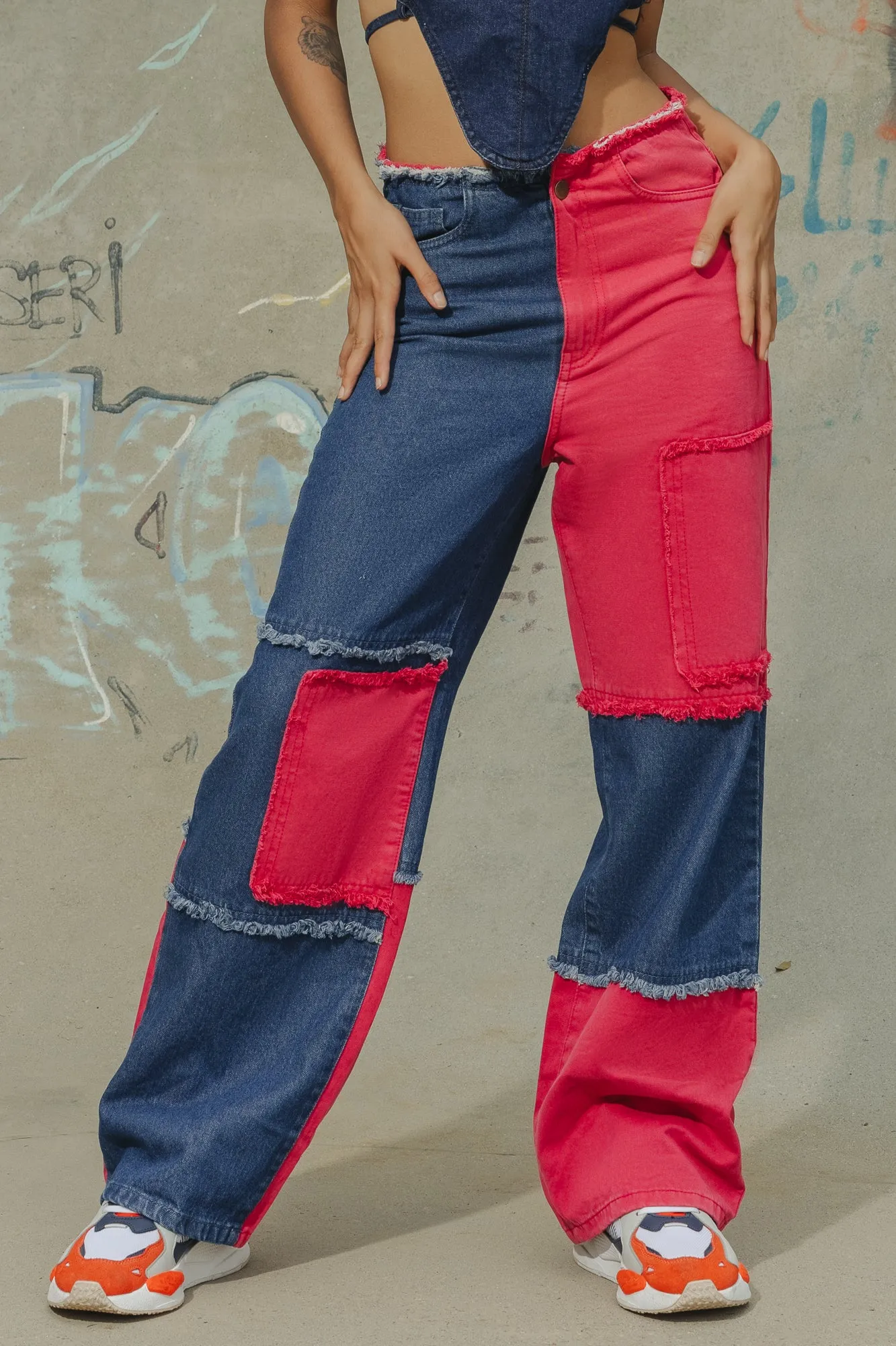 Color Patched Wide Jeans