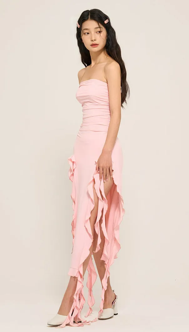 Double Split Ruffle Midi Tube Dress