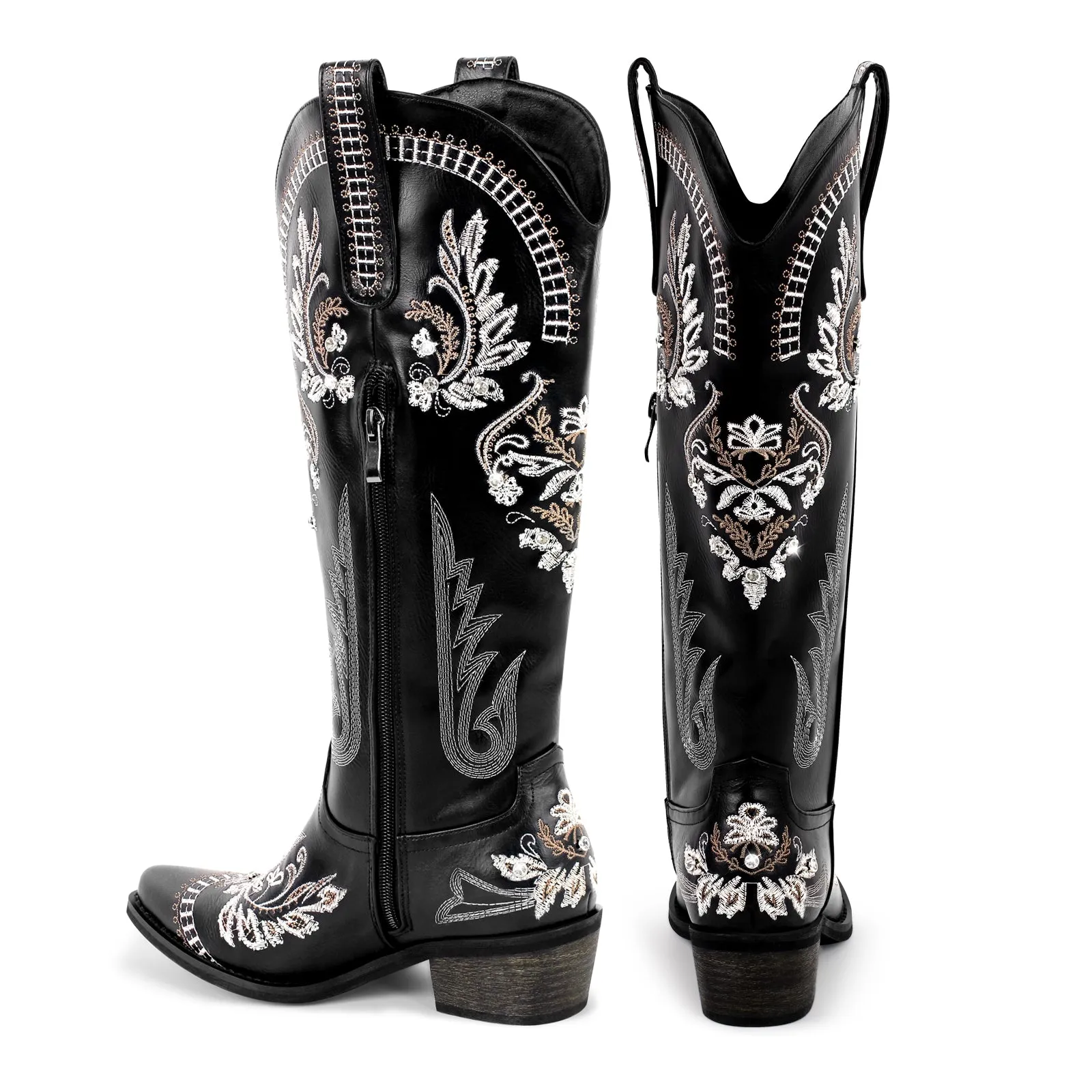 Embroidery Rhinestone Chunky Heel Knee High Boots