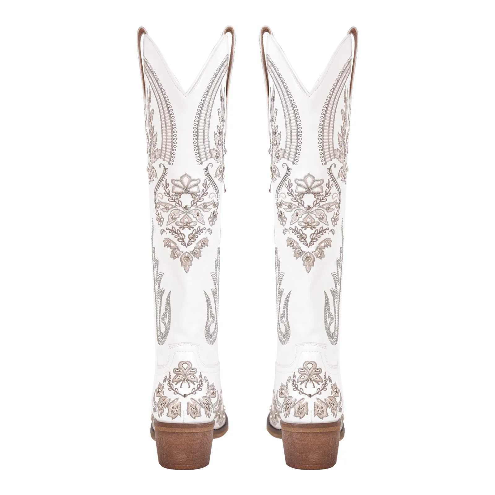 Embroidery Rhinestone Chunky Heel Knee High Boots