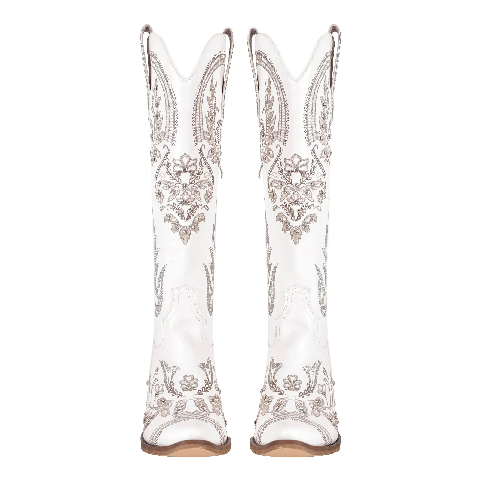 Embroidery Rhinestone Chunky Heel Knee High Boots