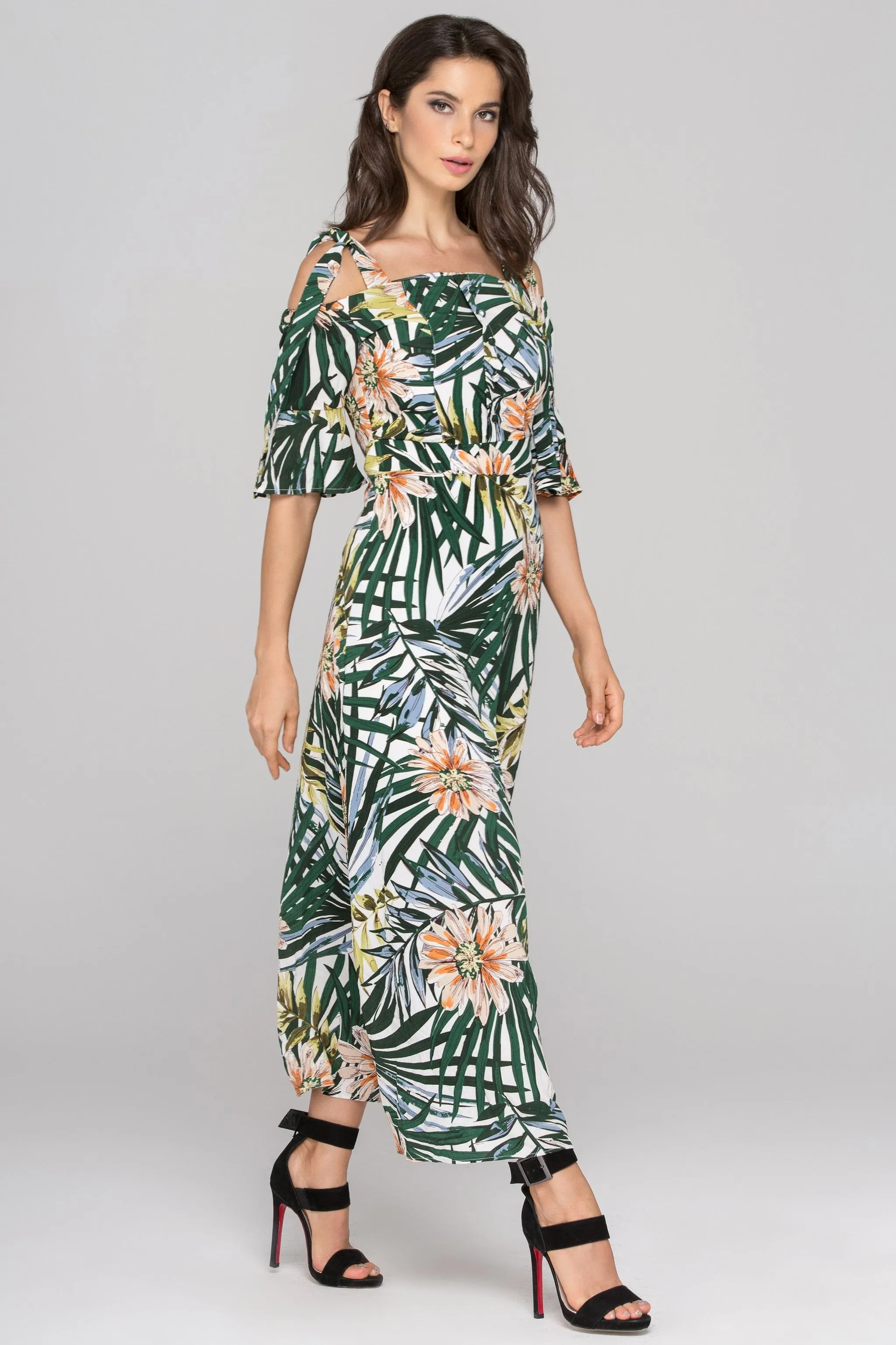 Garden Print Cold Shoulder Maxi Dress