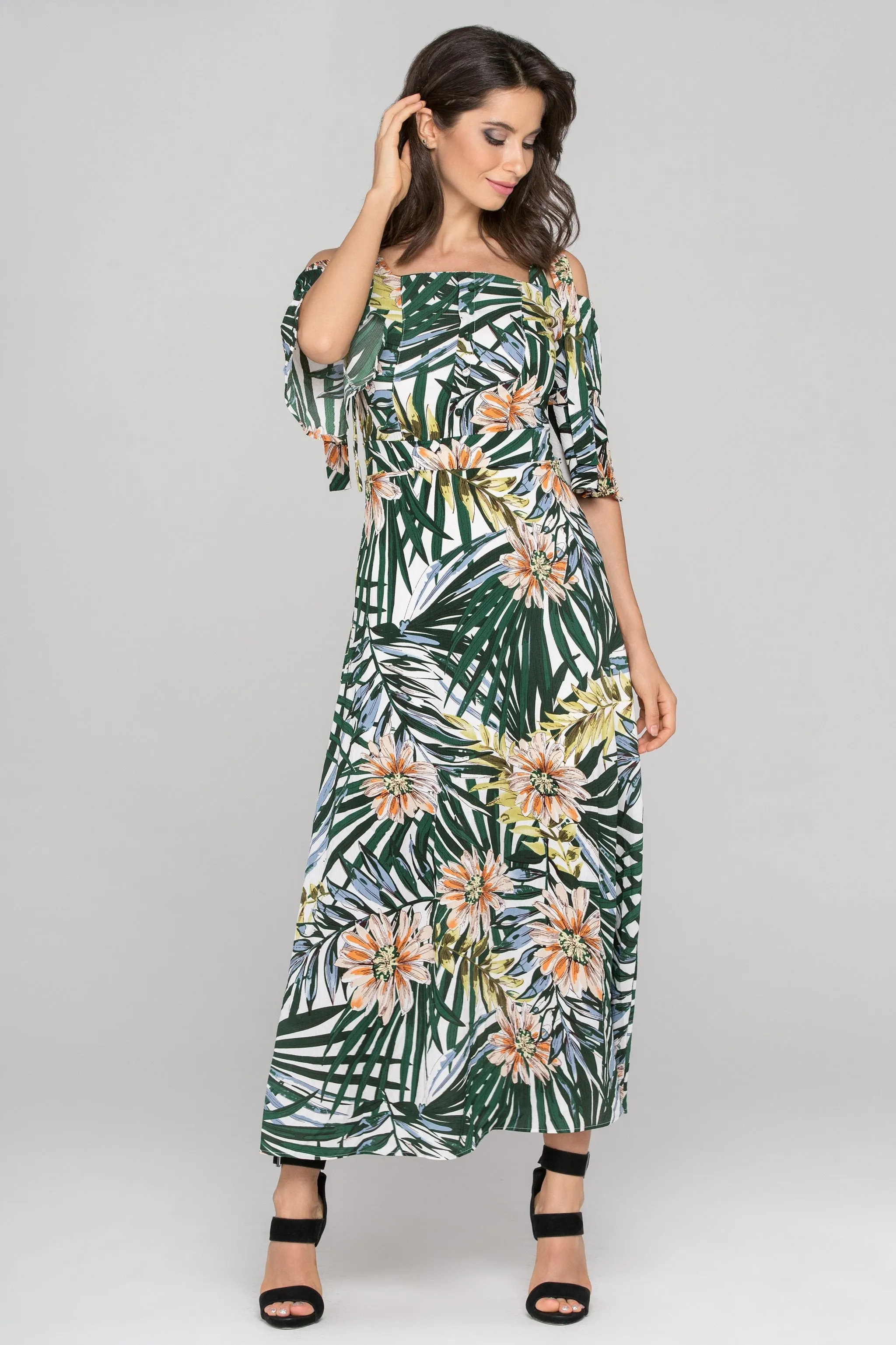 Garden Print Cold Shoulder Maxi Dress