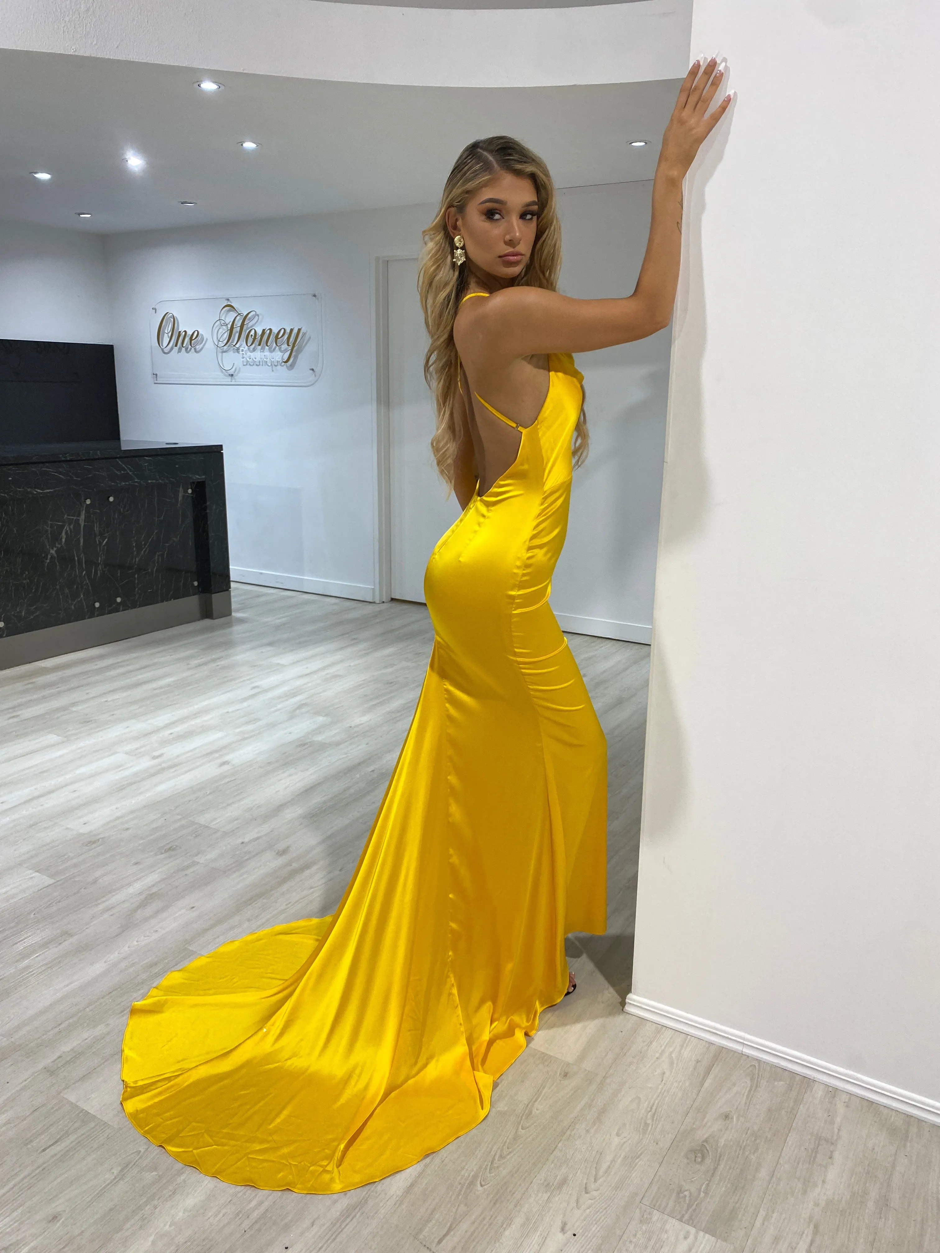 Honey Couture CANDICE Silky Low Back Mermaid Formal Dress