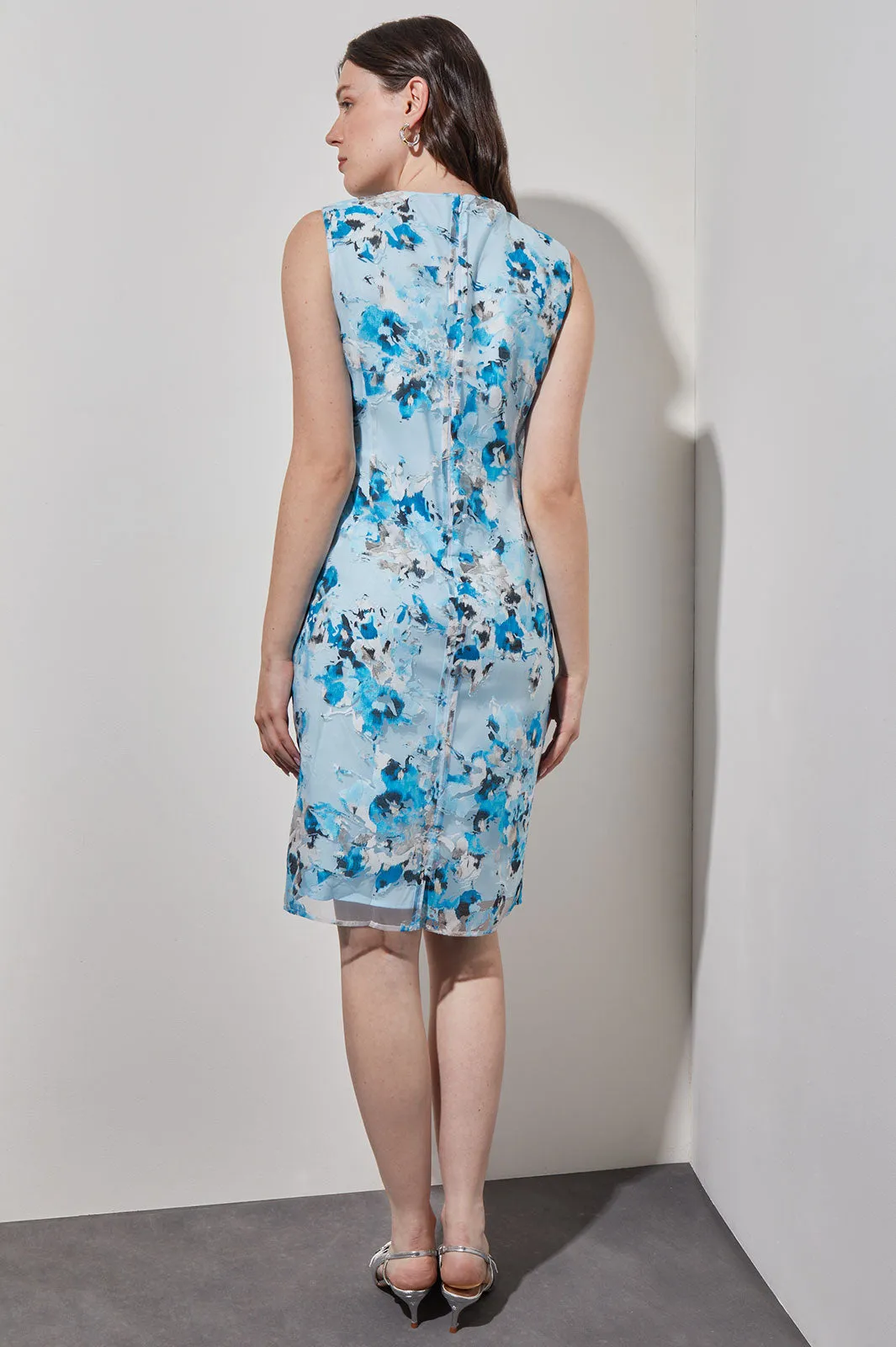 Knee-Length Sheath Dress - Lined Sheer Floral Woven