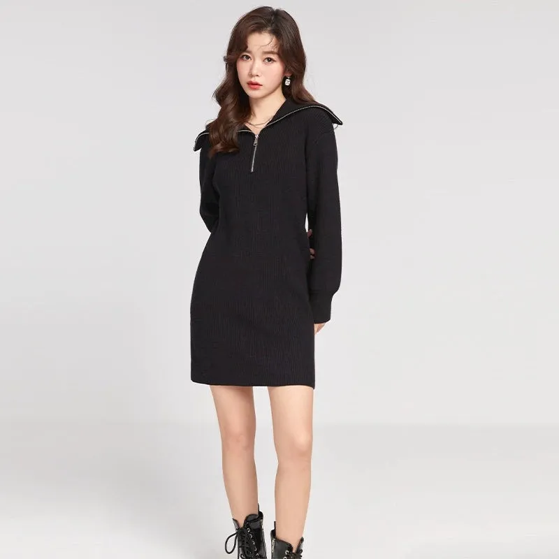 Knit Sweater Dress with Quarter-Zip Collar Detail