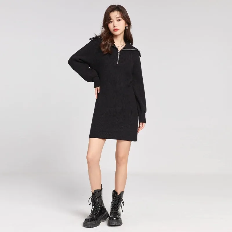 Knit Sweater Dress with Quarter-Zip Collar Detail