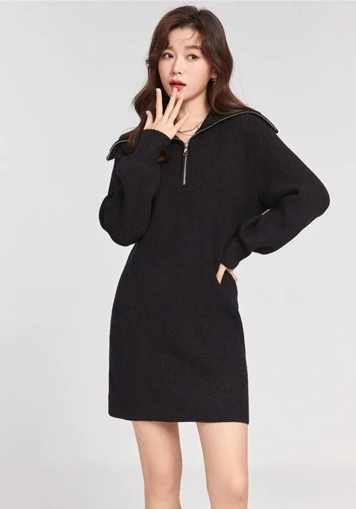 Knit Sweater Dress with Quarter-Zip Collar Detail