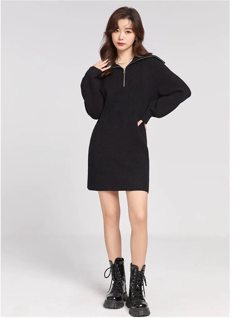 Knit Sweater Dress with Quarter-Zip Collar Detail