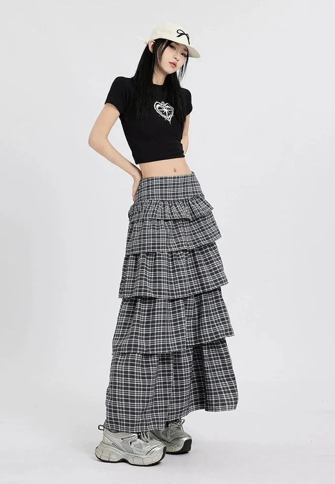 Layered Plaid Maxi Skirt with Ruffle Detail