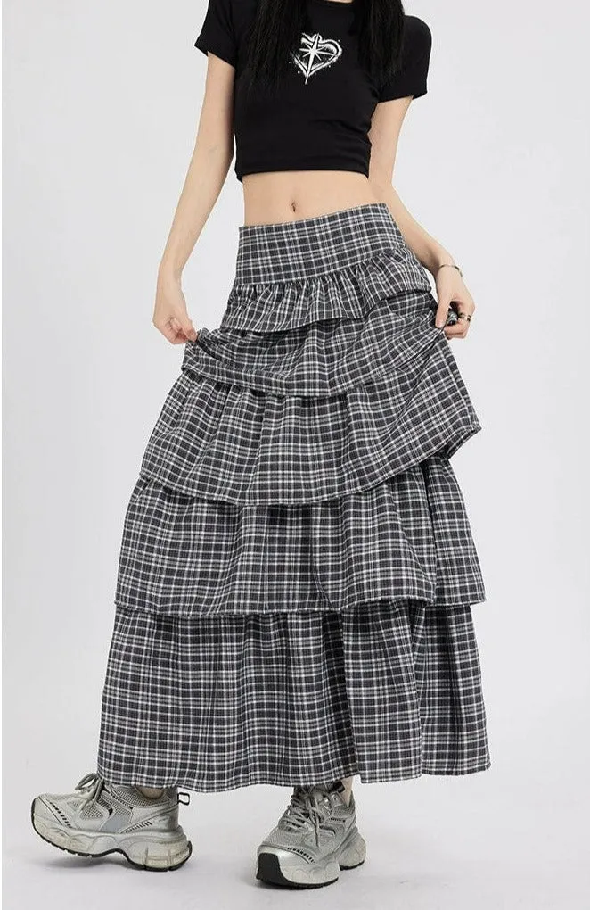 Layered Plaid Maxi Skirt with Ruffle Detail