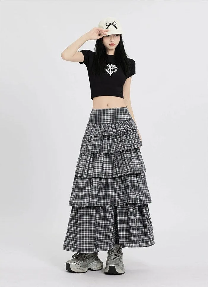 Layered Plaid Maxi Skirt with Ruffle Detail