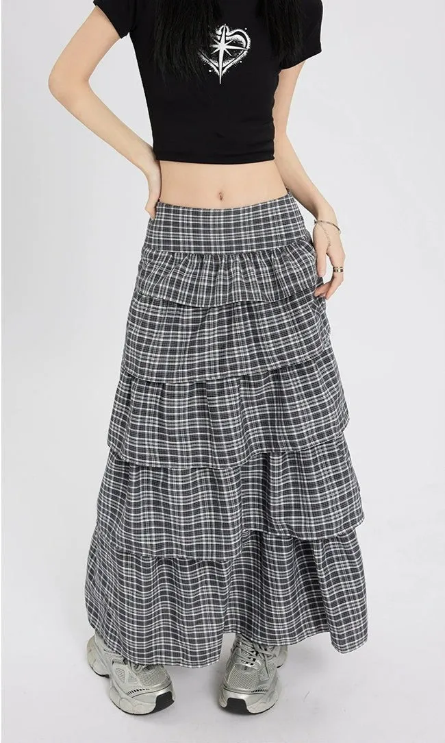 Layered Plaid Maxi Skirt with Ruffle Detail