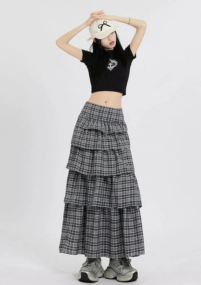 Layered Plaid Maxi Skirt with Ruffle Detail