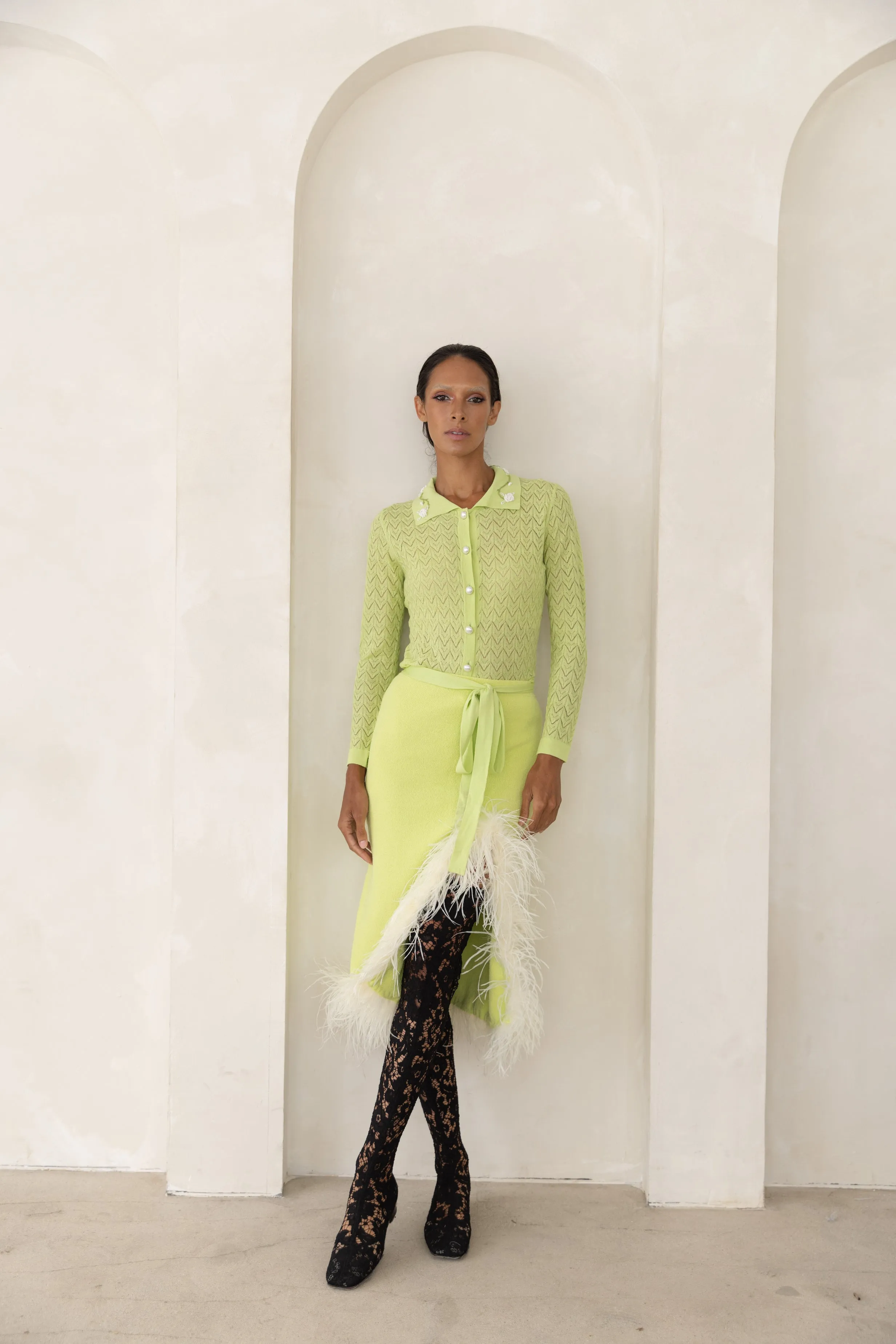 Lime Knit Skirt With Feathers