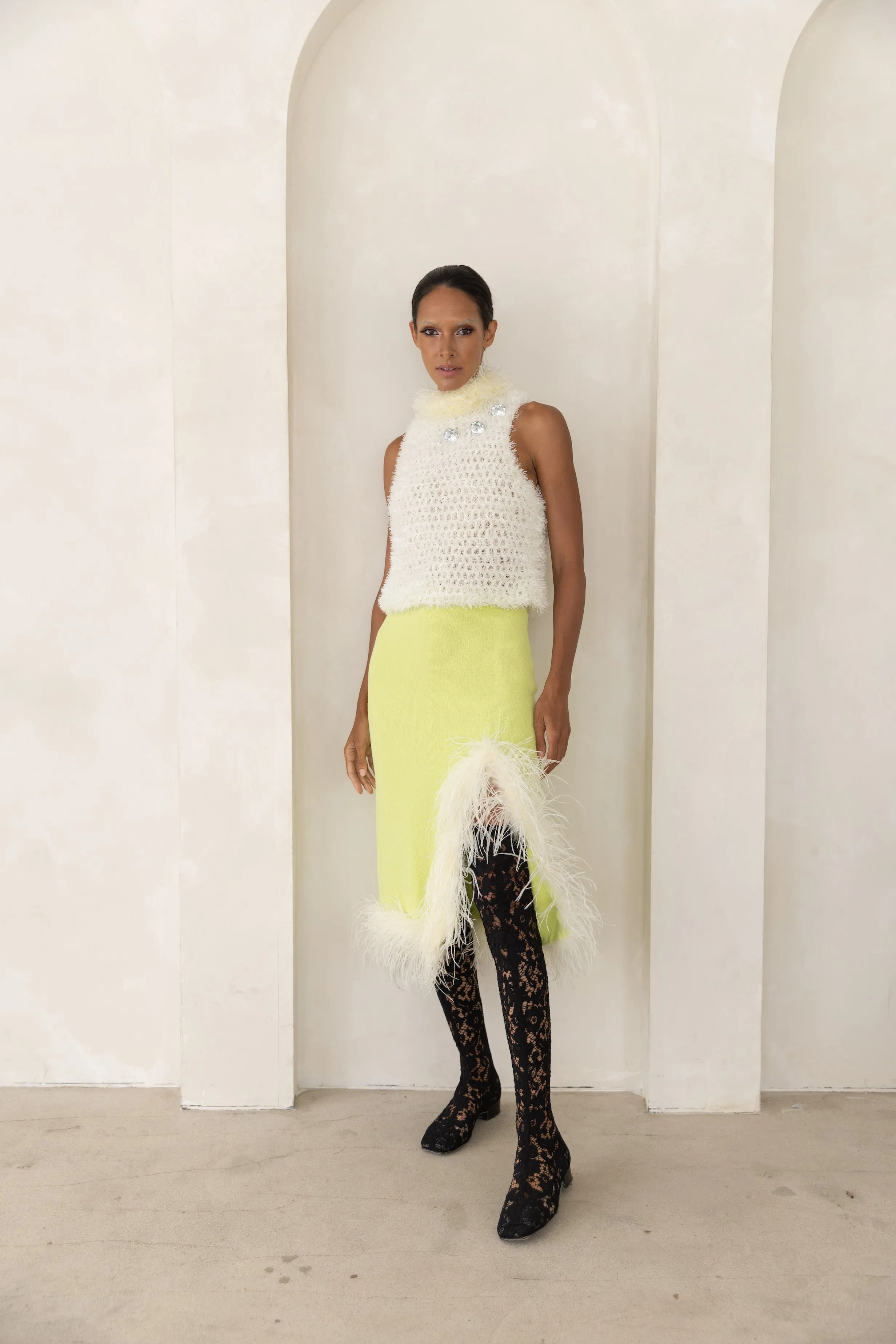 Lime Knit Skirt With Feathers