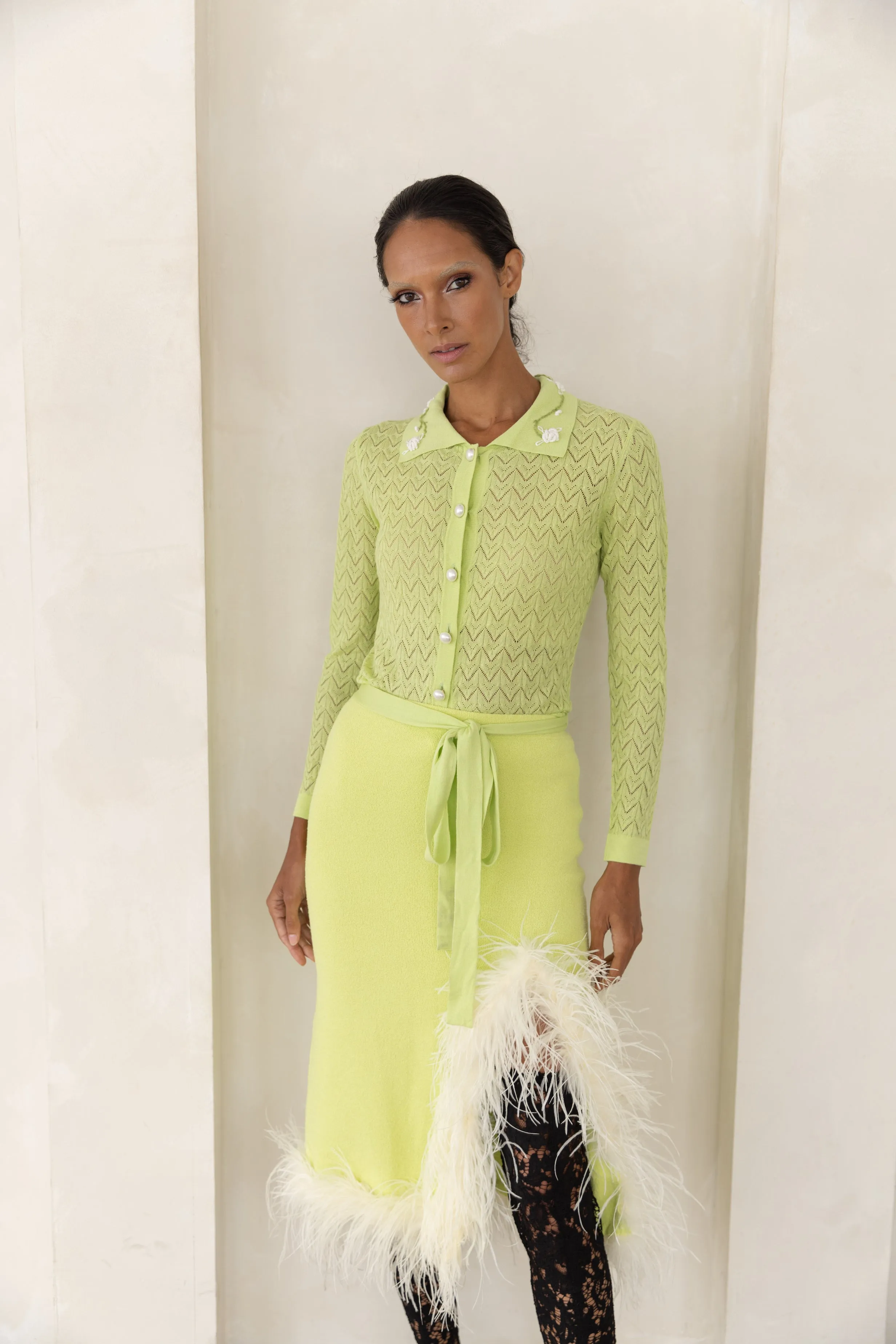 Lime Knit Skirt With Feathers