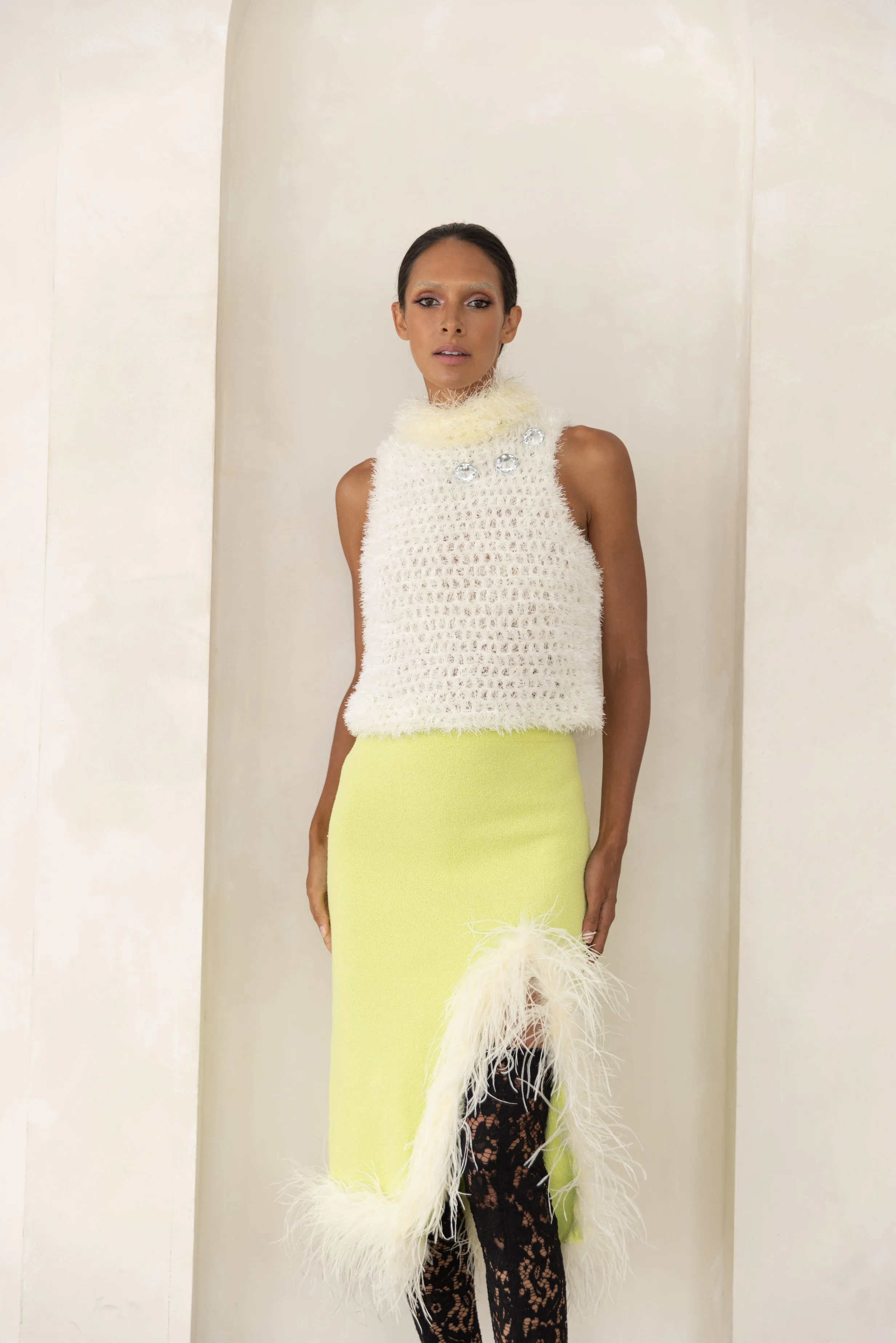 Lime Knit Skirt With Feathers