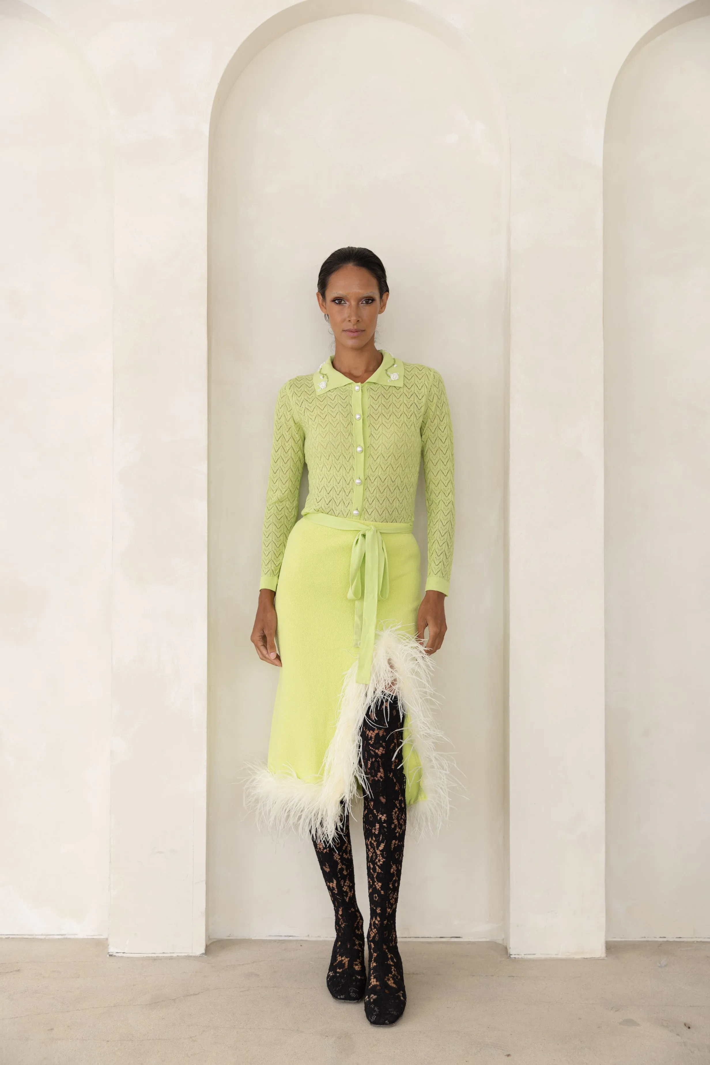 Lime Knit Skirt With Feathers