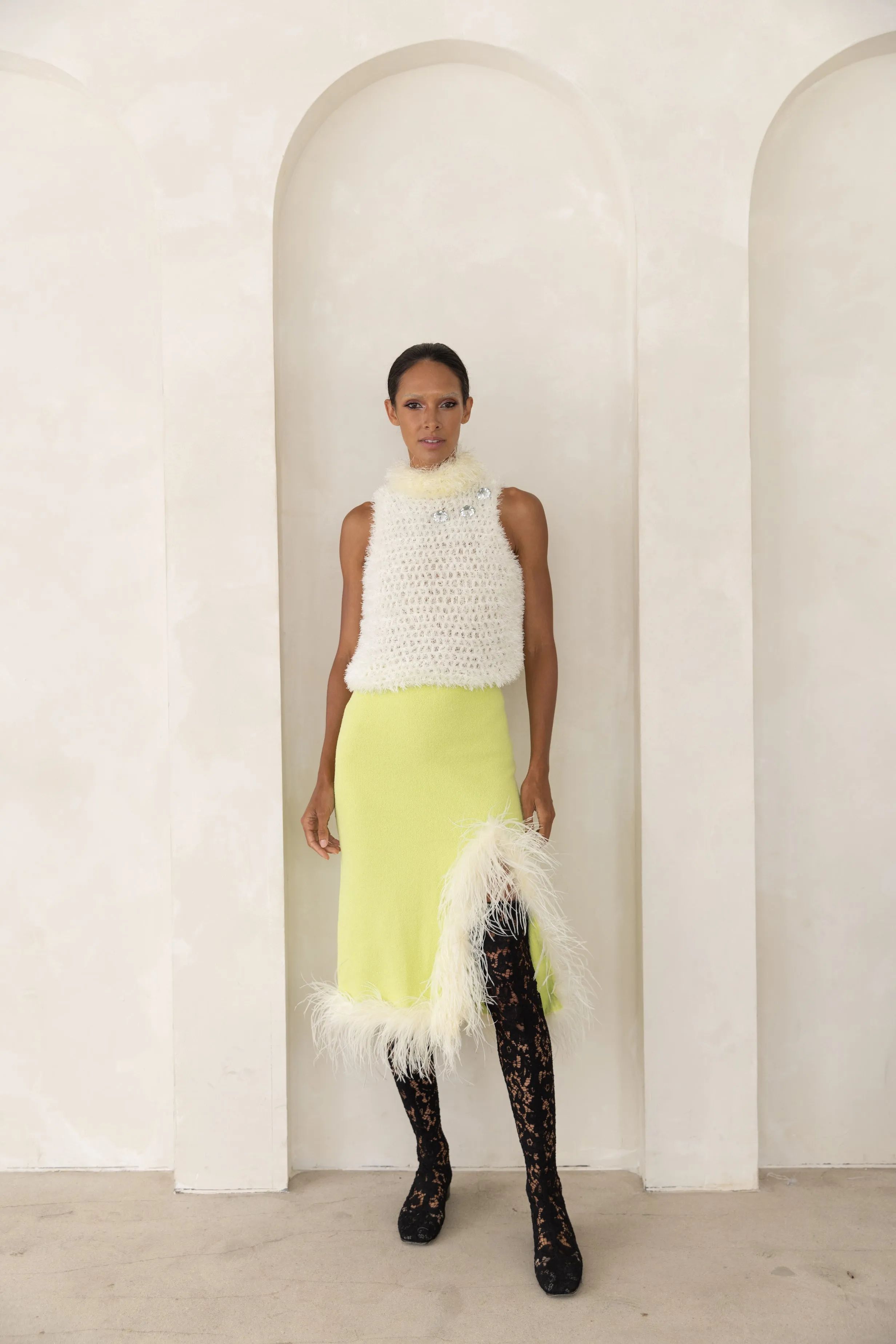 Lime Knit Skirt With Feathers