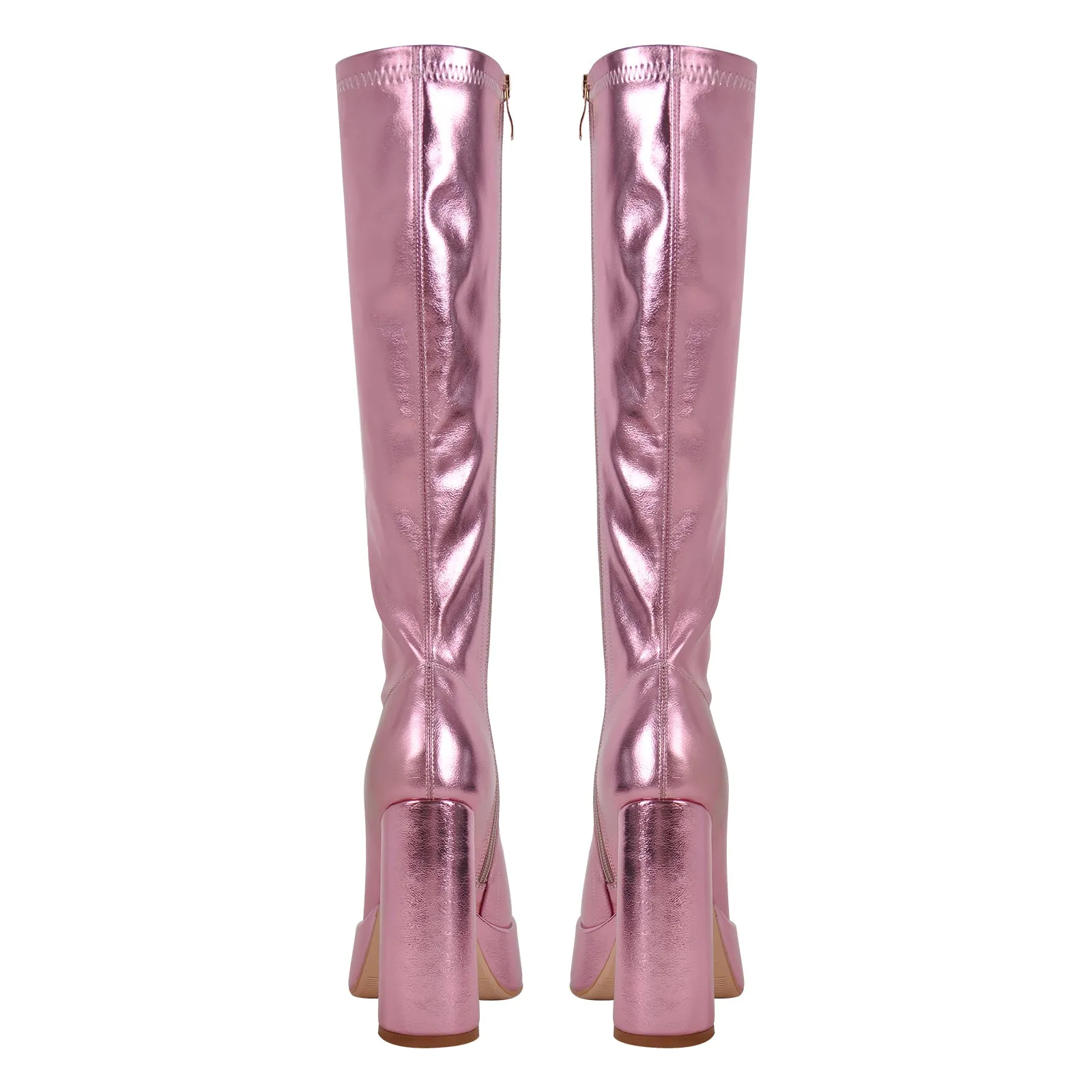 Metallic Leather Platform Chunky Heel Knee High Boots