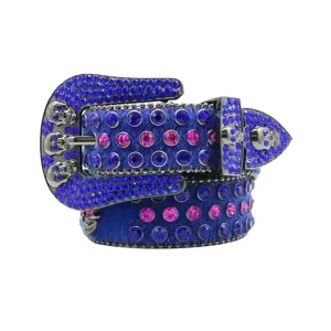 Rhinestone Skull Buckle Suede Blue Strap With Blue & Red Studded Belt