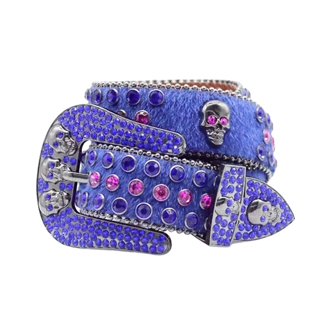 Rhinestone Skull Buckle Suede Blue Strap With Blue & Red Studded Belt