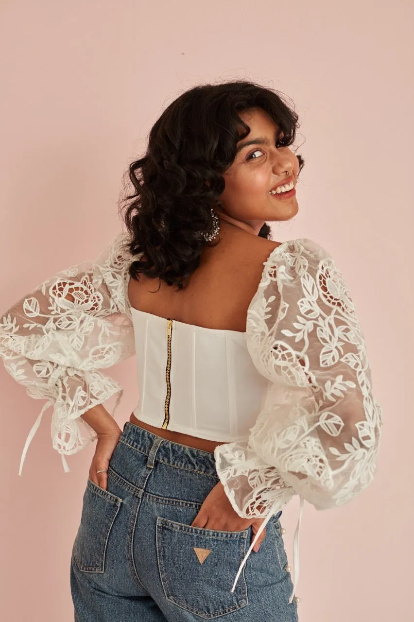 Sasha Embroidered Organza Sleeve Corset Top