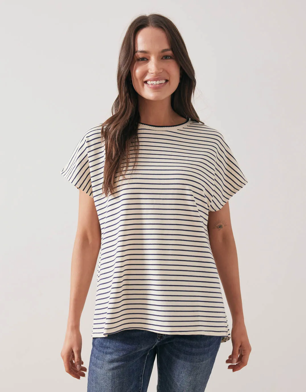 Striped Crew Neck Top - Cream/Navy