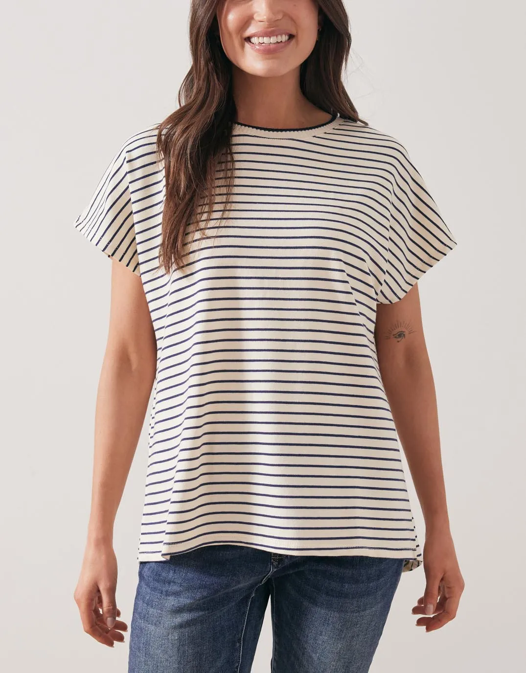 Striped Crew Neck Top - Cream/Navy