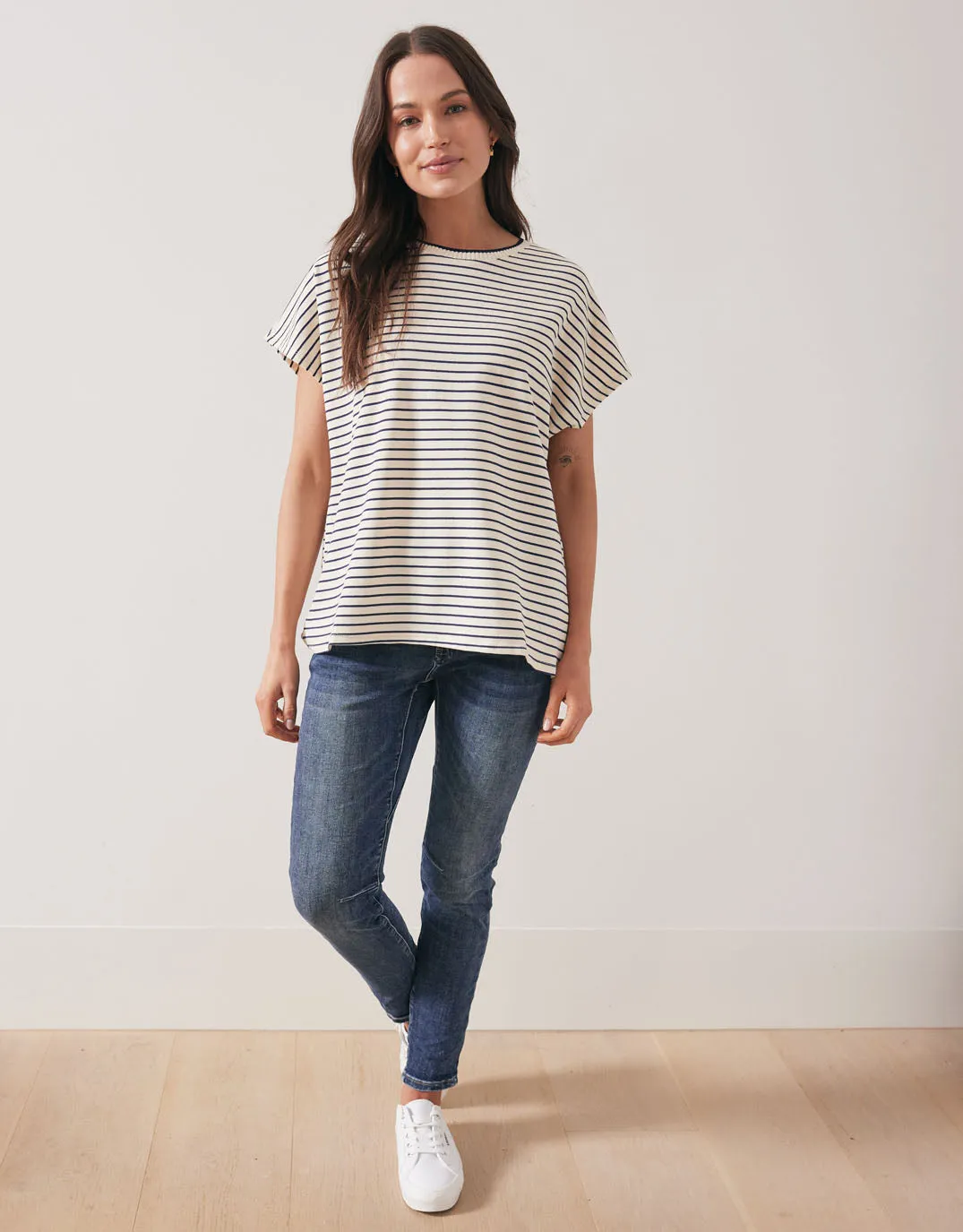 Striped Crew Neck Top - Cream/Navy